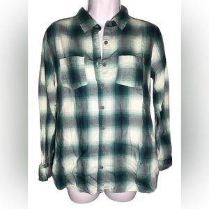 Sonoma Teal White Plaid Long Sleeve Button Up Flannel Shirt Size Petite Small